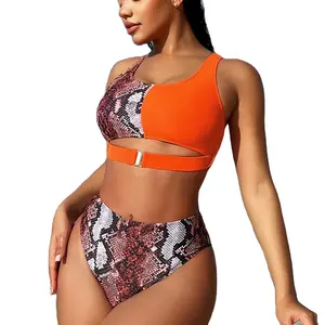 2024 New Design Sexy Snake Print Patchwork Swimsuit High Waist Beachwear Women's 2 Piece Bikini Set