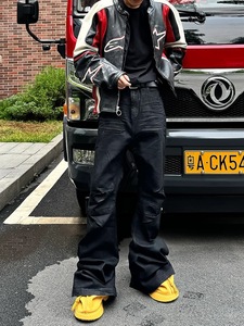 Unisex <strong>Bootcut</strong> Waxed Coated Jeans Black Crease Textured Wide Feet Mid Waist Patchwork Flared Jeans Denim <strong>Trousers</strong> for <strong>Men</strong> Women - Product Image 3