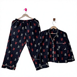 Pijamas de Algodón de 2 Piezas para Mujer, Manga Larga, Cuello Camisero, Estampado Geométrico, Ropa de Dormir Clásica y Suave para Primavera - Product Image 1