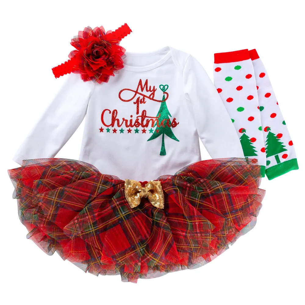 Baby Girl First Christmas Romper Set Skirt Socks 3Pcs Clothes Set Baby Santa Outfits Infant Christmas Clothing White Rompers