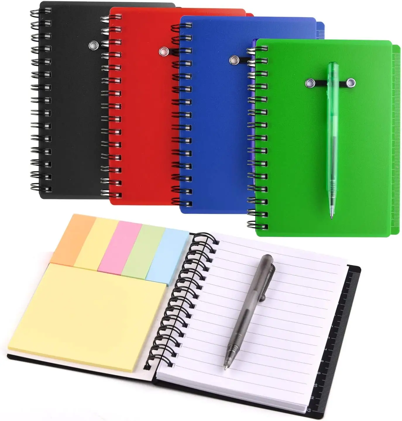 Notebook espiral alinhado inspirado com caneta e notas pegajosas Notepad alinhado com caneta no suporte Notebooks para Notepad alinhado trabalho