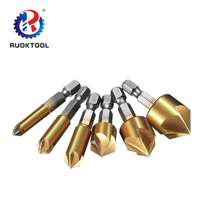 6 buah <span class=keywords><strong>Set</strong></span> mata bor Countersink <span class=keywords><strong>1</strong></span>/<span class=keywords><strong>4</strong></span> "Hex Shank HSS Countersink Talang 5 Flute Countersink 90 derajat untuk Kayu perubahan cepat 6-19mm - Product Image 3