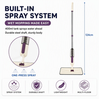 Serpillère pulvérisatrice 400 ml avec réservoir intégré, pulvérisation et lavage en une seule passe, manche en acier durable, tampon en microfibre robuste, trou de suspension pour un rangement facile à la maison