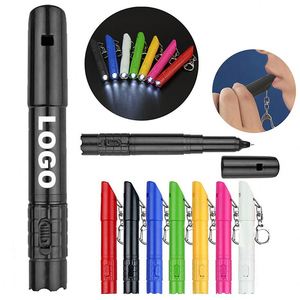 Sifflet de survie multifonctionnel personnalisé pour l'extérieur, lampe torche LED, porte-clés, stylo bille publicitaire en plastique avec porte-clés - Product Image 1