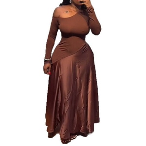 Robes longues trapèze sans bretelles à col asymétrique et taille haute pour femmes, à manches longues, tendance - Product Image 3