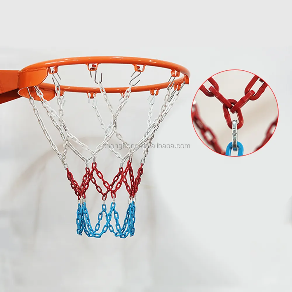 Blanc Rouge et Bleu 3.5mm Enduit de Poudre Basket-Ball Filet de Chaîne Galvanisant Acier Au Manganèse Basket-Ball Filet En Acier Chaîne 12 pièces