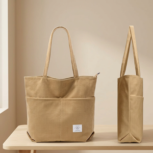 Sac fourre-tout en toile moyen style bohème gris uni résistant à l'eau avec fermeture éclair pour courses et cadeaux, utilisation toutes saisons, Bengale occidental - Product Image 5