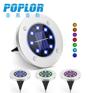 Poplor Solar Garden <b>Light</b> 8 <b>Led</b> RGB Color Changing Outdoor Stainless Steel Ground Lamp With <b>Light</b> <b>Sensor</b> - Product Image 1