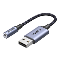 Tarjeta de sonido externa USB UGREEN 2 en 1, adaptador de audio USB a conector de 3.5 mm, cable USB a conector auxiliar con revestimiento de nailon.