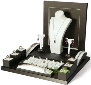 Bracelet en cuir PU bleu personnalisé, bague, boucle d'oreille, collier, porte-bijoux, présentoir de bijoux, ensemble d'exposition de bijoux