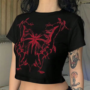 Damen Sommer Baddie Crop T-Shirt Schmetterling Hand gezeichneter Druck Slim Fit Round Neck <span class=keywords><strong>Midriff</strong></span> <span class=keywords><strong>Top</strong></span> - Product Image 1