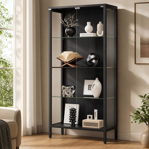Vitrina de Bambú Aauro para el Hogar con Puertas de Vidrio, 3 Luces de Colores, Sensor de Movimiento, Estantes de Vidrio Ajustables, Librería para Artículos Decorativos - Product Image 1