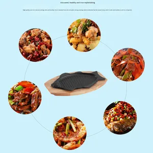 Poêle à frire coréenne épaisse en fonte avec plateau en chêne, plaque à frire pour barbecue, steak pour restaurant - Product Image 4
