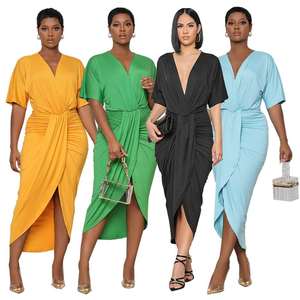 Suéter Vintage Negro de Punto, Ajustado, Informal, Transpirable, Suave, Hasta el Tobillo, con Cuello en V Profundo, Abertura Lateral y Pliegues en la Cintura |   Discoteca - Product Image 5