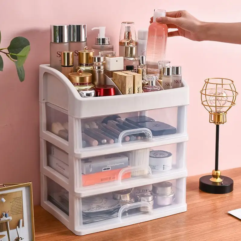 Kotak penyimpanan Makeup transparan Desktop plastik, kotak penyimpanan kosmetik Organizer laci