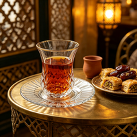 Lot de 12 tasses à thé turques en verre avec soucoupes, transparentes, gravées, bord doré, verrerie à thé pour hôtels et restaurants