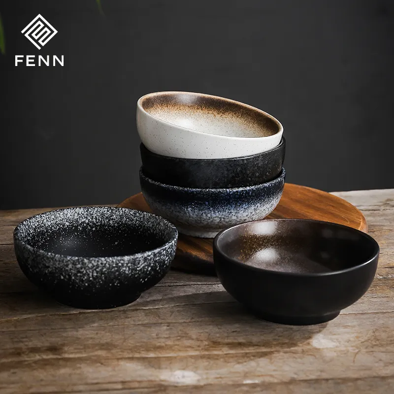 FENN 도매 반응성 유약 세라믹 블랙 매트 식탁 그릇 일본 그릇 쌀 수프 그릇 세라믹