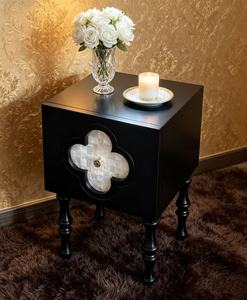 Black Clover Shell Inlay Side <b>Table</b> Modern Living Room <b>End</b> <b>Table</b> with Turned Wood Legs - Product Image 6