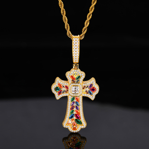 Alta Qualidade 925 Sterling Silver Ouro/Prata Banhado Hip Hop Colorido Zircão Trigo Cruz Moissanite Pingente Vintage Versátil - Product Image 3