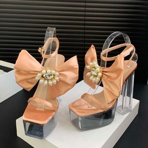 รองเท้าส้นตึกใสประดับโบว์ใหญ่ สไตล์เซ็กซี่ ย้อนยุค สำหรับผู้หญิง - Product Image 1