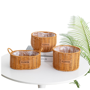Modern Portable Decorative Storage <b>Basket</b> Flower Pot in Faux Rattan Made of Woven <b>Plastic</b> Double Handles Eco-Friendly Home Decor - Product Image 1