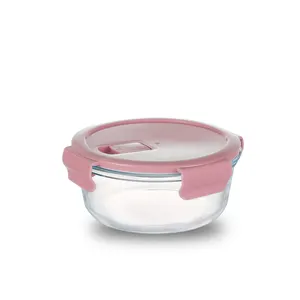 Heat Resistant Glass Food Container With Colored Plastic Lid Glass Lunch Box Round Stock Glass Fresh Box