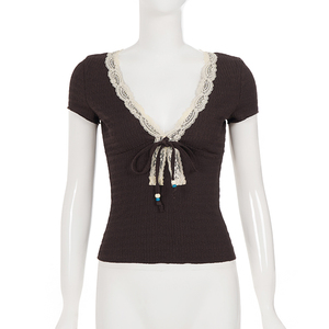 Vintage Textured Fabric Beaded V Neck T <b>Shirt</b> Slim Fit Sexy Short Sleeve Fashion Top Women - Product Image 6
