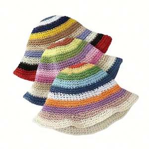 Sombrero de Paja Arcoíris con Protección Solar, Sombrero de Pescador Trenzado a Rayas, Sombrero de Paja de Alta Calidad Tejido a Crochet - Product Image 1
