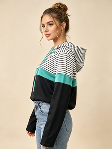 Women Color Block Striped Hoodie <b>Half</b> <b>Zip</b> Drawstring Long Sleeve Pullover Hooded <b>Sweatshirt</b> <b>Ladies</b> Casual Streetwear Top - Product Image 2