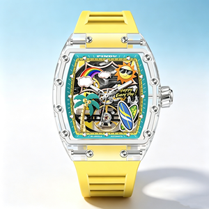 Montre mécanique automatique pour homme avec verre optique tonneau, cadran squelette ajouré motif dessin animé, bracelet en silicone, étanche, montre-bracelet tendance - Product Image 4