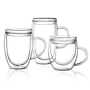 Tazas de café de doble pared de vidrio de borosilicato alto resistentes al calor hechas a mano nórdicas con asa y tapa, vasos para batidos