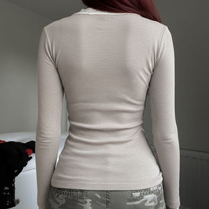 French Sweet Lace Trim Patchwork Short <b>V</b> <b>Neck</b> Long Sleeve <b>T</b>-<b>Shirt</b> Slim Fit Vintage Style Basic Top for Spring Autumn Layering - Product Image 6