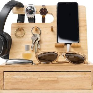 Wooden Storage <b>Rack</b> With Drawer For <b>Glasses</b> Headphones Keys Watches Desktop Organizer Simple Design Rectangle Shape - Product Image 1