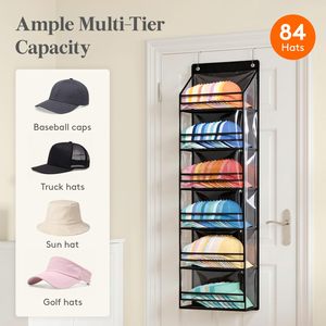 Support de rangement pour chapeaux à suspendre sur porte, 6 niveaux, transparent, pour 84 casquettes, avec housse anti-poussière et crochets réglables, pour placard et chambre à coucher, vente en gros OEM - Product Image 5