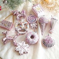 Ensemble d'ornements de Noël roses, décorations fantaisie pour fêtes de fin d'année, décorations suspendues en forme de sucette, beignet et chien ballon scintillants pour Noël