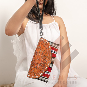 High Quality Women's Genuine Leather Purse Wallet Fashionable <b>Long</b> Design Clutch <b>Bag</b> with Open Closure and Decorative Feathers - Product Image 3