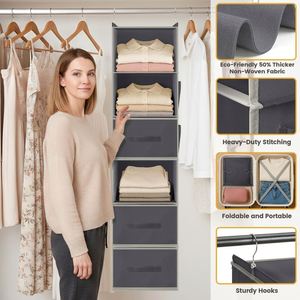 6-Tier Hanging Closet Organizer Non-Woven with 3 Drawers & Side Pockets Foldable Hanging Shelf for Wardrobe Bedroom Storage - Product Image 1