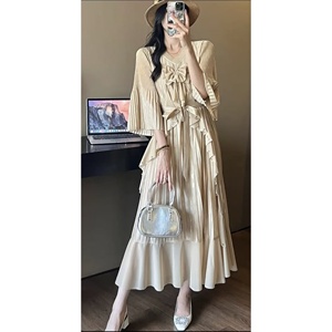 <span class=keywords><strong>Vestido</strong></span> Casual Elegante para Mujer, con Lazo Decorativo, Plisado, Corte en A, Cuello en V con Volantes, <span class=keywords><strong>Manga</strong></span> <span class=keywords><strong>Media</strong></span>, Largo <span class=keywords><strong>Midi</strong></span>, para Uso Diario - Product Image 4