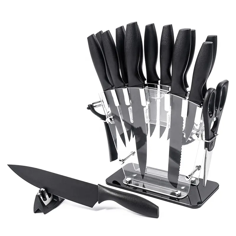 Hotsale 17 टुकड़ा स्टेनलेस स्टील रंगीन चाकू सेट चाकू चोखा के साथ काले रसोई के चाकू सेट