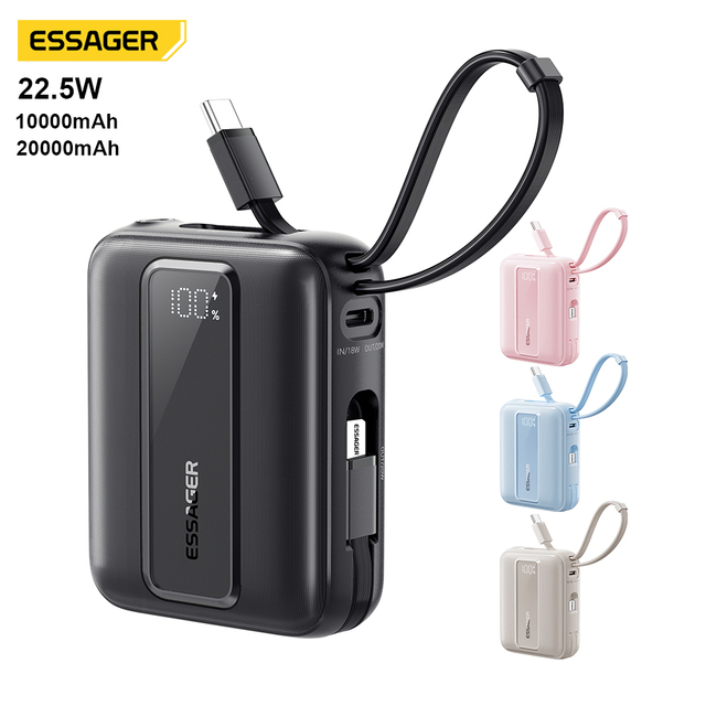 Essager ES-D024 22.5W Mini Power Bank 10000Mah Fast Charging Portable Charger Black 10000 Mah Powerbank With Built in Cable
