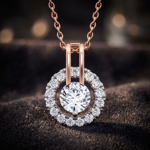 Collier pendentif en or rose avec diamant rond taille brillant et halo, chaîne classique pour femme, bijoux de fiançailles - Product Image 3