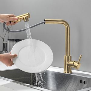 <span class=keywords><strong>Robinet</strong></span> de cuisine extractible en acier inoxydable SUS 304, finition or brossé, en forme de 7, mitigeur eau chaude et froide pour évier - Product Image 4