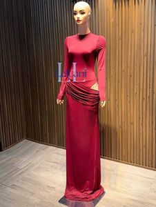 Elegant Regular Sleeve Ruched Maxi Dress-Sexy Cut-Out Waist Bodycon High Street Style Evening Wear for Women Cotton Spandex - Product Image 3