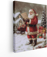 Décoration Murale Vintage « Liste du Père Noël et Traîneau avec Cadeaux », Village de Noël Enneigé, Toile Encadrée Style Ferme pour Décoration de Fêtes