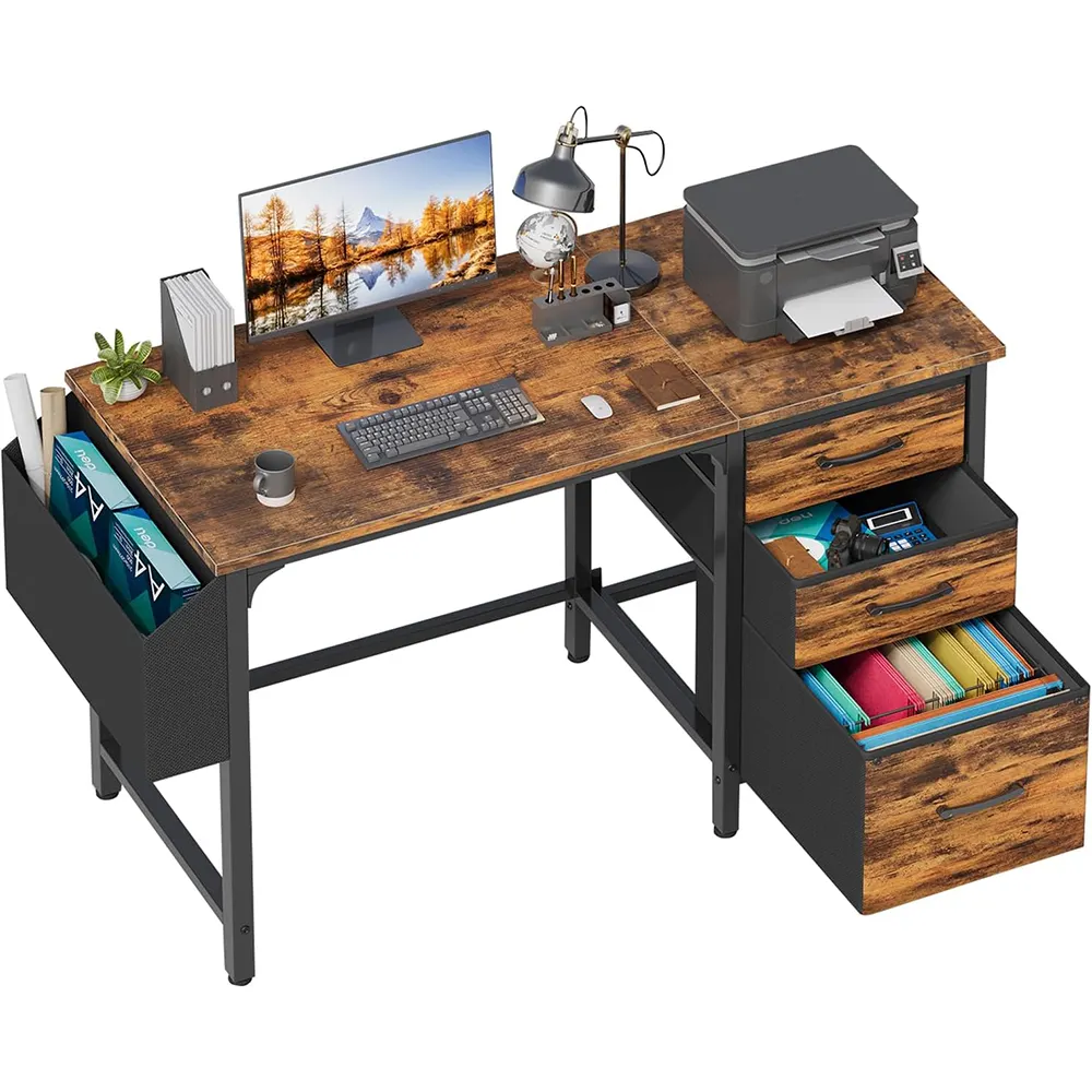 Meja Komputer coklat pedesaan dengan kabinet laci File kain meja kantor rumah dengan kabinet arsip untuk ruang kecil
