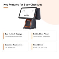 Terminal de point de vente à double écran tactile capacitif tout-en-un, caisse enregistreuse 15,6 pouces avec imprimante thermique intégrée de 58 mm, Windows I5 8 Go