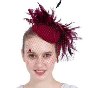 Feather Flower Veil Bridal Hat 2023 Elegant Net Yarn Wine Red Top Fashion Hat Flight Attendant Hat High Quality Woolen Opp Bag3