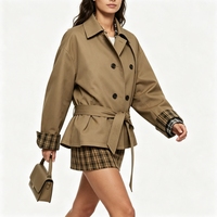 Manteau Trench Court Populaire pour Femme, Coupe-Vent Uni à Double Boutonnage avec Ceinture, Ample, pour Voyage et Quotidien, Vêtement d'Extérieur OEM