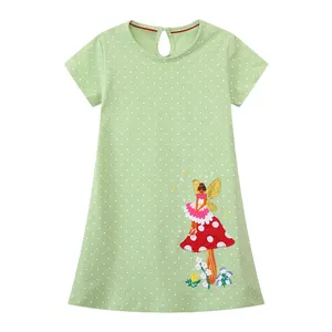 A line short sleeves kids wholesale clothes polka dot printed 1-7 years girls knitted casual embroidered dress for daily wearing