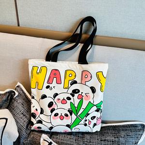 Large Cotton <strong>Panda</strong> Canvas Tote <strong>Bag</strong> with Fashionable New Design Zipper Closure Two Handles Custom Cartoon Student Girls Women - Product Image 3
